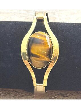 Vintage 70s Modernist Tiger Eye Bypass Cuff Bracelet Gold Tone Open Frame Retro